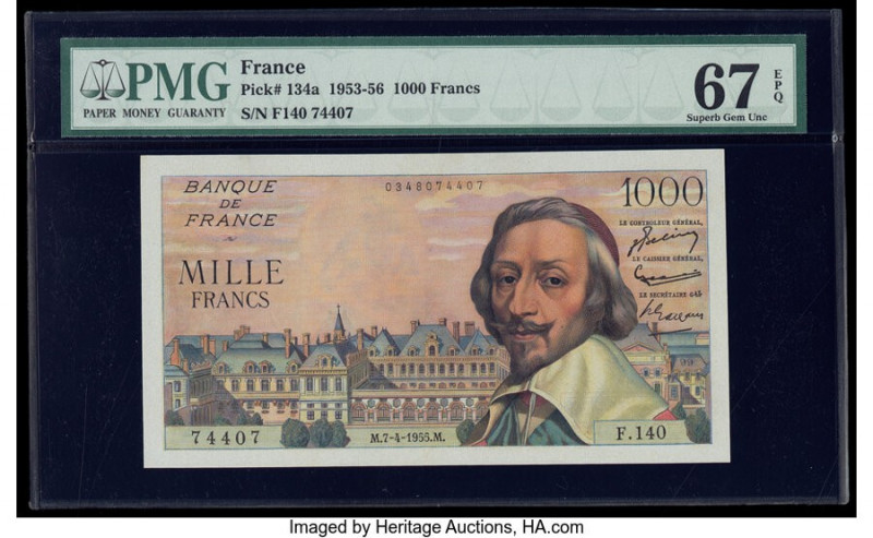 France Banque de France 1000 Francs 7.4.1955 Pick 134a PMG Superb Gem Unc 67 EPQ...