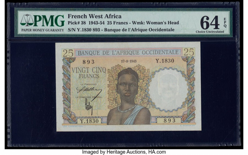 French West Africa Banque de l'Afrique Occidentale 25 Francs 17.8.1943 Pick 38 P...
