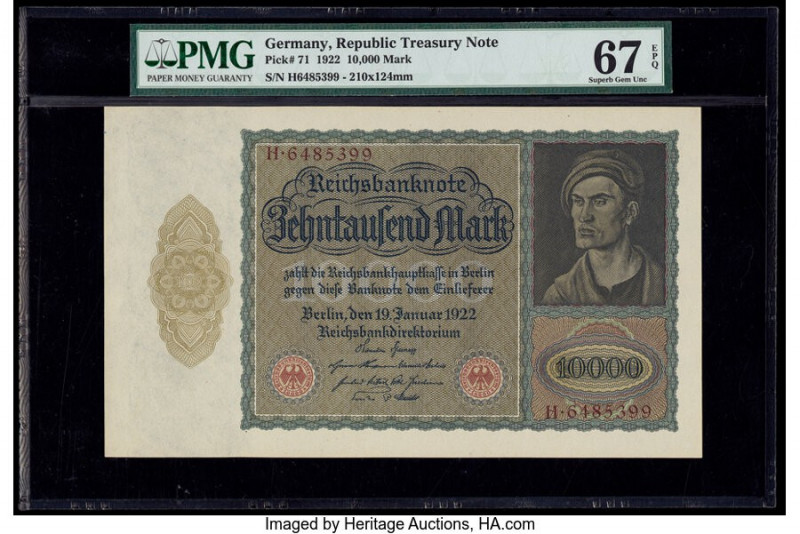 Germany Imperial Bank Note 10,000 Mark 19.1.1922 Pick 71 PMG Superb Gem Unc 67 E...