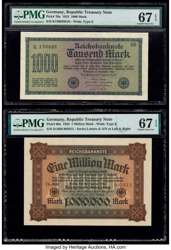 Germany Imperial Bank Note 1000; 1 Mark 15.9.1922; 20.2.1923 Pick 76a; 86a Two E...