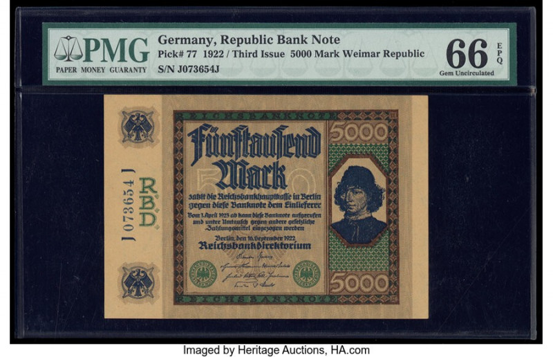 Germany Imperial Bank Note 5000 Mark 16.9.1922 Pick 77 PMG Gem Uncirculated 66 E...