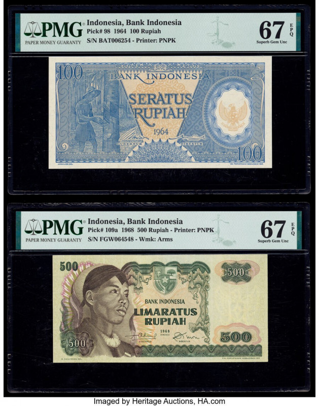 Indonesia Bank Indonesia 100; 500 Rupiah 1964; 1968 Pick 98; 109a Two Examples P...