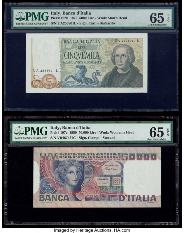 Italy Banco d'Italia 5000; 50,000 Lire 1973; 1980 Pick 102b; 107c Two Examples P...