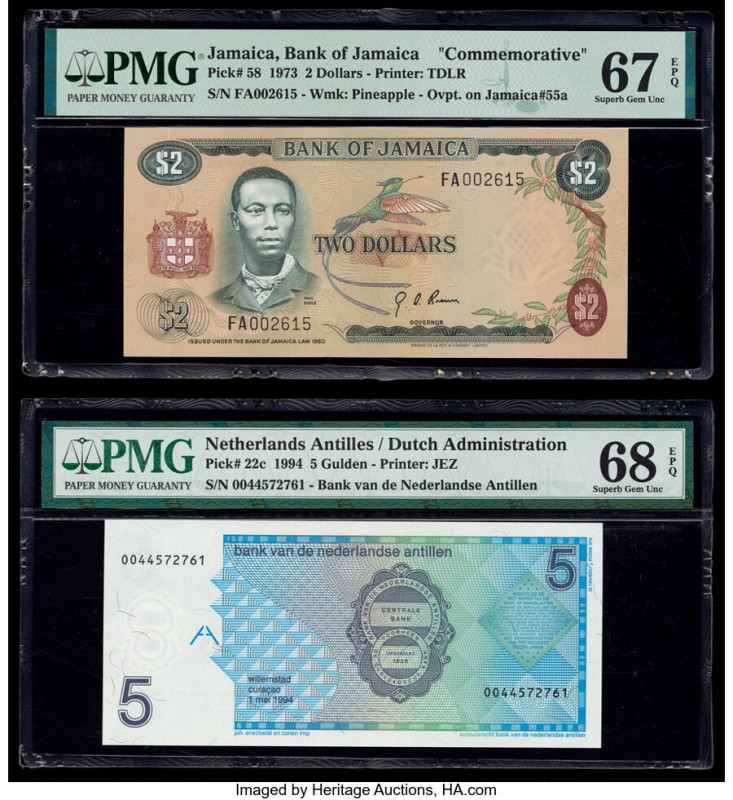 Jamaica Bank of Jamaica 2 Dollars 1973 Pick 58 Commemorative PMG Superb Gem Unc ...