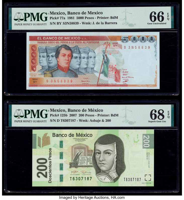 Mexico Banco de Mexico 5000; 200 Pesos 27.1.1981; 14.5.2007 Pick 77a; 125b Two E...