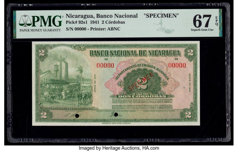 Nicaragua Banco Nacional 2 Cordobas 1941 Pick 92s Specimen PMG Superb Gem Unc 67...