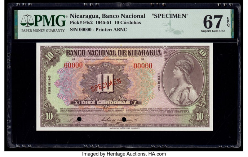 Nicaragua Banco Nacional 10 Cordobas 1945 Pick 94s2 Specimen PMG Superb Gem Unc ...