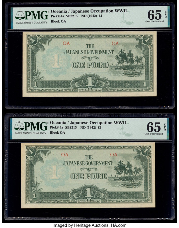 Oceania Japanese Government 1 Pound ND (1942) Pick 4a Two Examples PMG Gem Uncir...