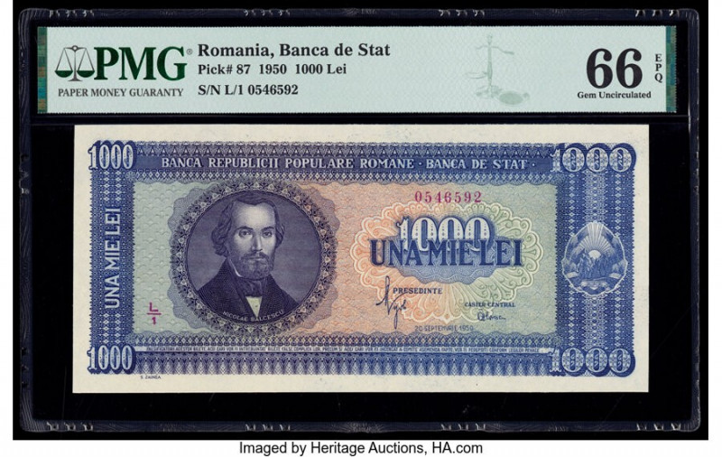 Romania Banca Republicii Populare Romane 1000 Lei 20.9.1950 Pick 87 PMG Gem Unci...