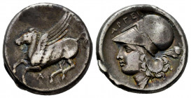 Akarnania. Leukas. Stater. 320-280 BC. (Gc-2258). Anv.: Pegasos flying to the right. Rev.: Head of Athena with helmet on the left. Ag. 8,36 g. Toned. ...
