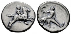 Calabria. Tarentum. Nomos. 380-340 BC. (HN Italy-870). (Vlasto-367). Anv.: Nude youth on horse galloping right, holding reins with both hands; I∧ belo...