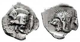 Mysia. Kyzikos. Obol. 450-400 BC. (Sng BN-377-8). Anv.: Forepart of boar left, with Ǝ on shoulder; to right, tunny upward. Rev.: Head of roaring lion ...