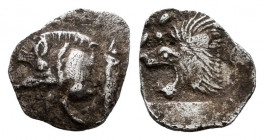Mysia. Kyzikos. Tetartemorion. 450-400 BC. (Sng France-375). Anv.: Forepart of boar left. Rev.: Head of roaring lion left with star above all within i...