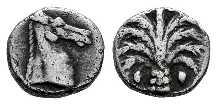 Zeugitania. Obol. 350-320 BC. Carthage. (Sng Cop-74). Anv.: Palm tree with fruit...