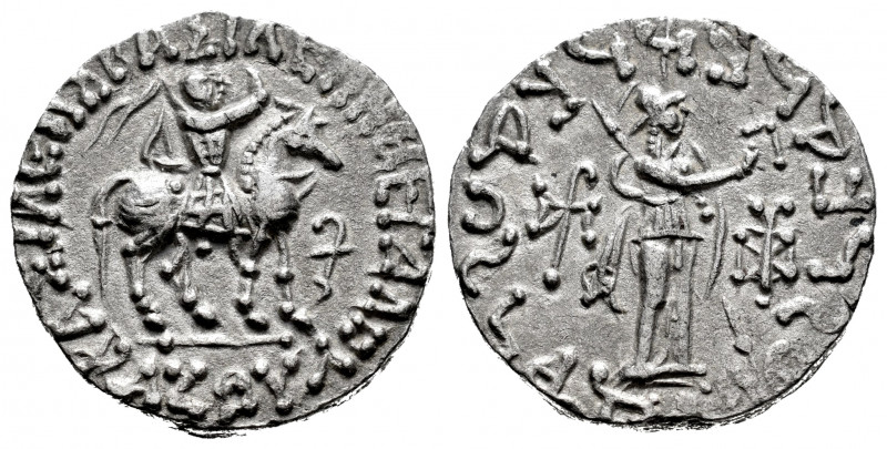Indo-Skythians. Azes II. Tetradrachm. 35-5 BC. (Mitchiner-750 similar). Ag. 9,25...