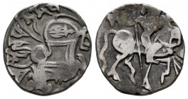 Hindu Shahis. Samanta Deva. Jital. 850-1000 AD. Kabul. (Tye-14). Anv.: Recumbent zebu left; star, pellet, and upside-down crescent to left. Rev.: Hors...