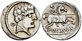 Areikoratikos-Arekoratas. Denarius. 150-20 BC. Agreda (Soria). (Abh-105). Anv.: Male head right, iberian letter KU with central pellet behind. Rev.: H...