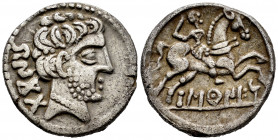 Baskunes-Barskunes. Denarius. 120-20 BC. Pamplona. (Abh-215). (Vill-251.14). Anv.: Bearded head right, iberian legend BENKODA behind. Rev.: Horseman r...