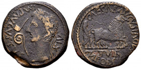 Caesaraugusta. Augustus period. Unit. 27 BC - 14 AD. Zaragoza. (Abh-324). (Acip-3038). Anv.: IMP. AVGVSTVS. XIV. Laureate head of Augustus left, lituu...