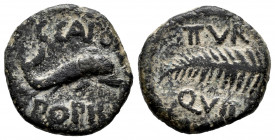 Carthage Nova. Half unit. 50-30 BC. Cartagena (Murcia). (Abh-570). (Acip-2526). (C-2). Anv.: Dolphin right, C.CAEDI above, T. POPILLI below. Rev.: Pal...