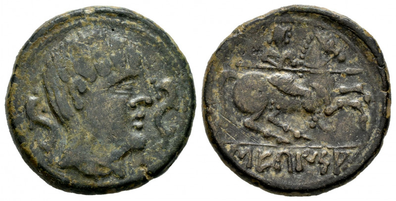 Sekaisa. Unit. 120-20 BC. Area of Aragon. (Abh-2131). Anv.: Male head right betw...