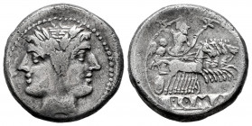 Anonymous. Didrachm - quadrigatus. 225-214 a.C. Uncertain mint. (Craw-28/3). (BMCRR Rome-99). (Rsc-23). Anv.: Laureate head of Janus. Rev.: Jupiter, h...