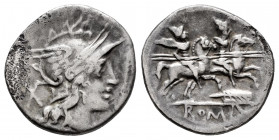 Anonymous. Denarius. 200-190 BC. Uncertain mint. (Ffc-25). (Craw-130/1a 1b). (Cal-17). Anv.: Head of Roma right, staff before, X behind. Rev.: The Dio...