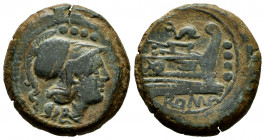 Anonymous. Triens. 179-170 BC. Rome. (Craw-160/3). Anv.: Helmeted head of Minerva right; •••• (mark of value) above. Rev.: Prow of galley right; dolph...
