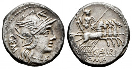 Aburius. Denarius. 134 BC. Rome. (Ffc-89). (Craw-244/1). (Cal-61). Anv.: Head of Roma right, GEM behind. H below chin. Rev.: Mars with arch and lance,...