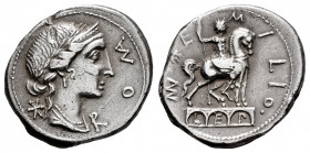 Aemilius. Man. Aemilius Lepidus. Denarius. 114-113 BC. South of Italy. (Ffc-103). (Craw-291/1). (Cal-73). Anv.: Laureate and diademed head of Roma sli...