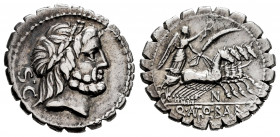 Antonia. C. Antius C.f. Restio. Denarius. 83-82 BC. Auxiliary mint of Rome. (Ffc-156). (Craw-364/1d). (Cal-139). Anv.: Laureate head of Jupiter right,...