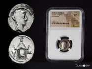 Cassius. Q. Cassius Longinus. Denarius. 55 BC. Rome. (Ffc-559). (Craw-428/1). (Cal-413). Anv.: Veiled and diademed head of Vesta right, VEST, before, ...