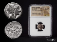 Claudia. Appius Claudius Pulcher. Denarius. 110-109 BC. Rome. (Ffc-564). (Craw-299/1a). (Cal-423). Anv.: Head of Roma right, square object behind. Rev...