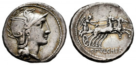 Claudia. C. Claudius Pulcher. Denarius. 110-109 BC. Rome. (Ffc-565). (Craw-300/1). (Cal-424). Anv.: Head of Roma right. Rev.: Victory in biga right, C...