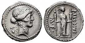 Claudia. P. Claudius M.f. Turrinus. Denarius. 42 BC. Rome. (Ffc-569). (Craw-494/23). (Cal-428). Anv.: Laureate head of Apollo right, lyre behind. Rev....