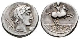 Crepusius. Publius Crepusius. Denarius. 82 BC. Rome. (Ffc-658). (Craw-361). (Cal-523). Anv.: Laureate head of Apollo right, sceptre over shoulder, let...