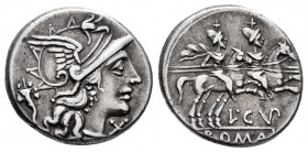 Cupiennius. L. Cupiennius. Denarius. 147 BC. Rome. (Ffc-665). (Craw-218/1). (Cal-530). Anv.: Head of Roma right, X below chin, cornucopiac behind. Rev...