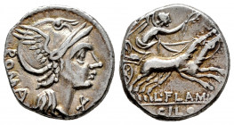 Flaminius. Lucius Flaminius Cilo. Denarius. 109-108 BC. Norte de Italia. (Ffc-708). (Craw-302/1). (Cal-579). Anv.: Head of Roma right, X below chin, R...