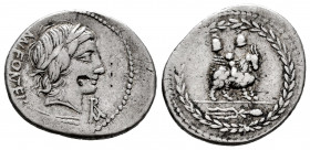 Fonteius. Mn. Fonteius C.F. Denarius. 85 BC. Auxiliary mint of Rome. (Ffc-717). (Craw-353/1a). (Cal-589). Anv.: Laureate head of Vejovis right, mongra...