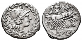Gellius. Cnaeus Gellius. Denarius. 138 BC. Rome. (Ffc-740). (Craw-232). (Cal-610). Anv.: Head of Roma right, X behind, all within laurel-wreath. Rev.:...