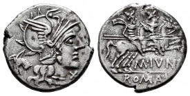 Junius. M. Junius Silanus. Denarius. 145 BC. Auxiliary mint of Rome. (Ffc-778). (Craw-220/1). (Cal-860). Anv.: Head of Roma right, X below chin, ass's...