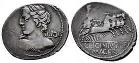 Licinius. C. Licinius L.f. MADer. Denarius. 84 BC. Auxiliary mint of Rome. (Ffc-803). (Craw-354/1). (Cal-889). Anv.: Diademed bust of Vejovis draped l...