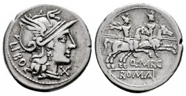 Marcius. Q. Marcius Libo. Denarius. 148 BC. Rome. (Ffc-848). (Craw-215/1). (Cal-932). Anv.: Head of Roma right, X below chin, LIBO behind. Rev.: The D...