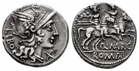 Marcius. Q. Marcius Libo. Denarius. 148 BC. Rome. (Ffc-848). (Craw-215/1). (Cal-932). Anv.: Head of Roma right, X below chin, LIBO behind. Rev.: The D...