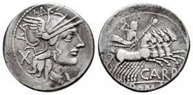 Papirius. Papirius Carbo. Denarius. 122 BC. Auxiliary mint of Rome. (Ffc-958). (Craw-279/1). (Cal-1062). Anv.: Head of Roma right, X behind. Rev.: Jup...