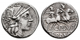 Plutius. C. Plutius. Denarius. 121 BC. Auxiliary mint of Rome. (Ffc-1009). (Craw-278/1). (Cal-1136). Anv.: Head of Roma right, X behind. Rev.: The Dio...