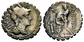 Poblicius. C. Poblicius Q.f. Denarius. 80 BC. Auxiliary mint of Rome. (Ffc-1017). (Craw-380/1). (Rsc-1145). Anv.: Draped bust of Roma right, two feath...