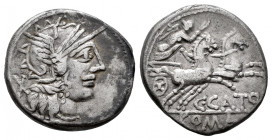 Porcius. C. Porcius Cato. Denarius. 123 BC. Auxiliary mint of Rome. (Ffc-1050). (Craw-274/1). (Cal-1196). Anv.: Head of Roma right, X behind. Rev.: Vi...
