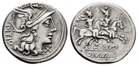 Sempronius. L. Sempronius Pitio. Denarius. 148 BC. Rome. (Ffc-1107). (Craw-216/1). (Cal-1251). Anv.: Head of Roma right, X below chin. PITIO behind. R...