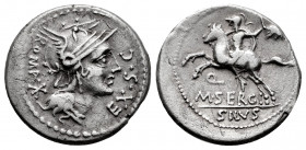 Sergius. M. Sergius Silus. Denarius. 116-115 BC. Norte de Italia. (Ffc-1111). (Craw-286/1). (Cal-1271). Anv.: Head of Roma right, EX. S.C. before, ROM...